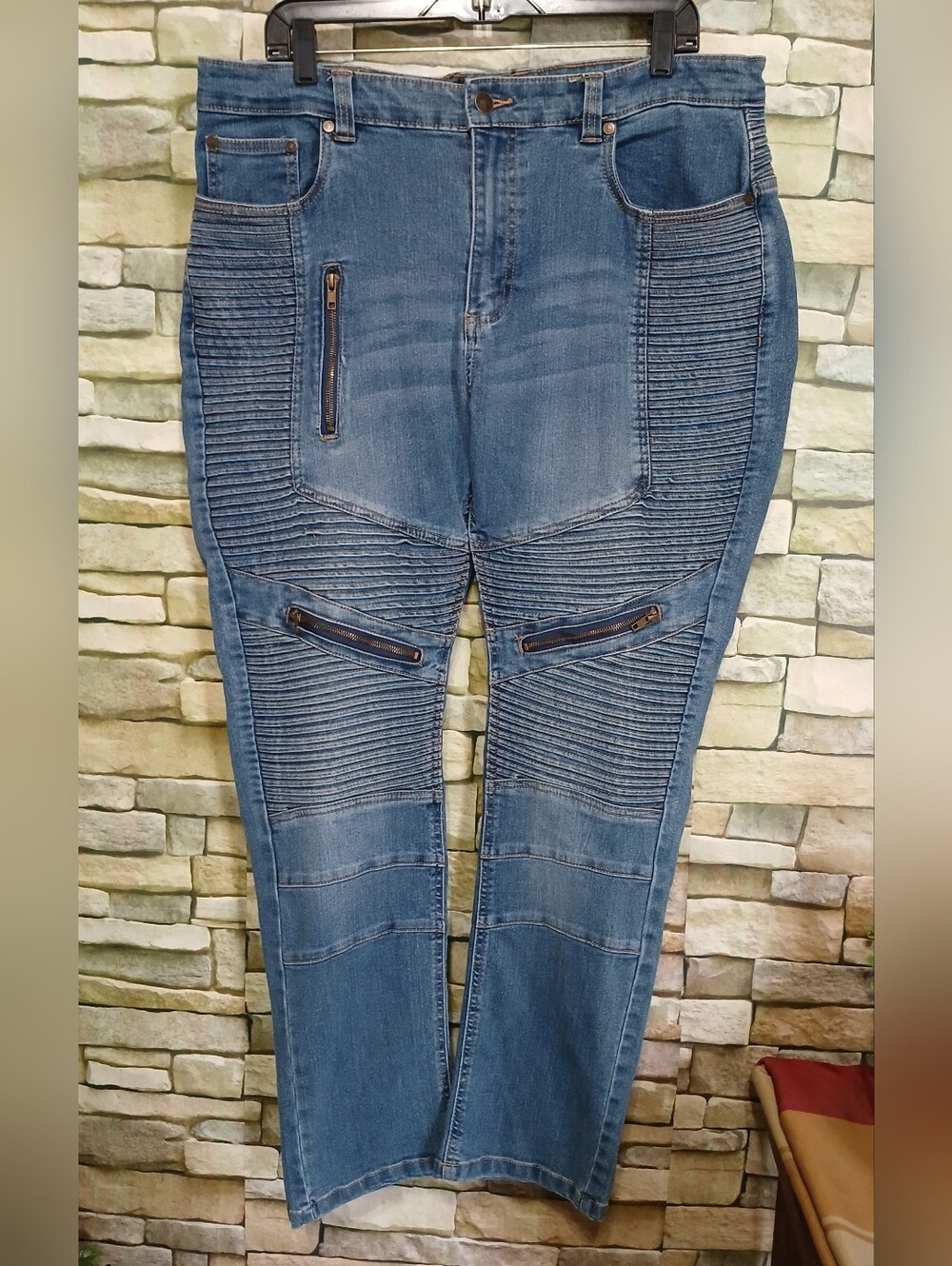 Men's Blue Ribbed Moto-Style Denim Jeans 36x30